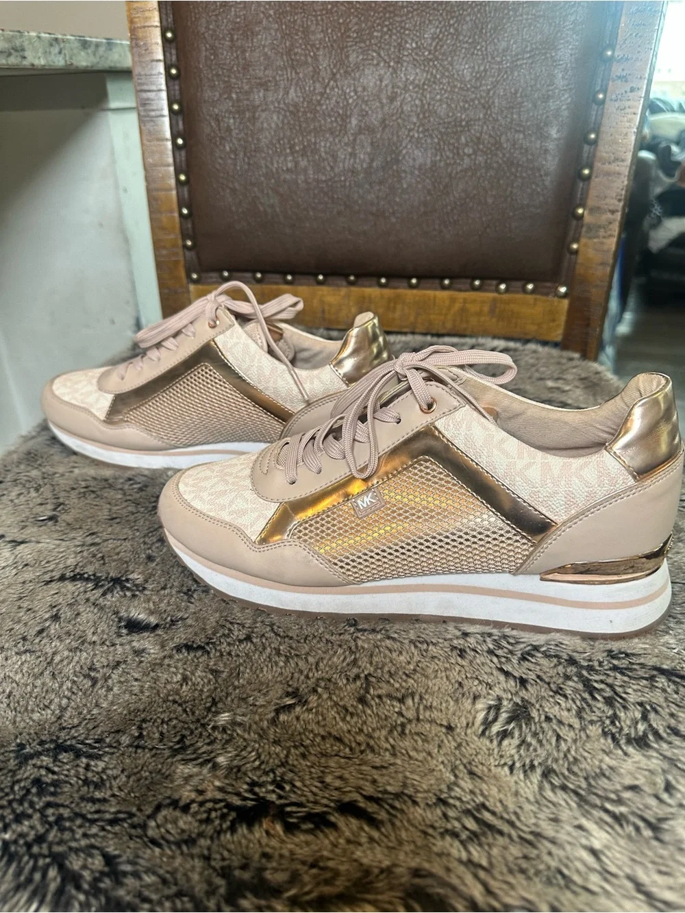 NWOB Michael Kors Maddy Two-Tone Logo & Mesh Trainer Pink Rose Gold Sneakers,9.5